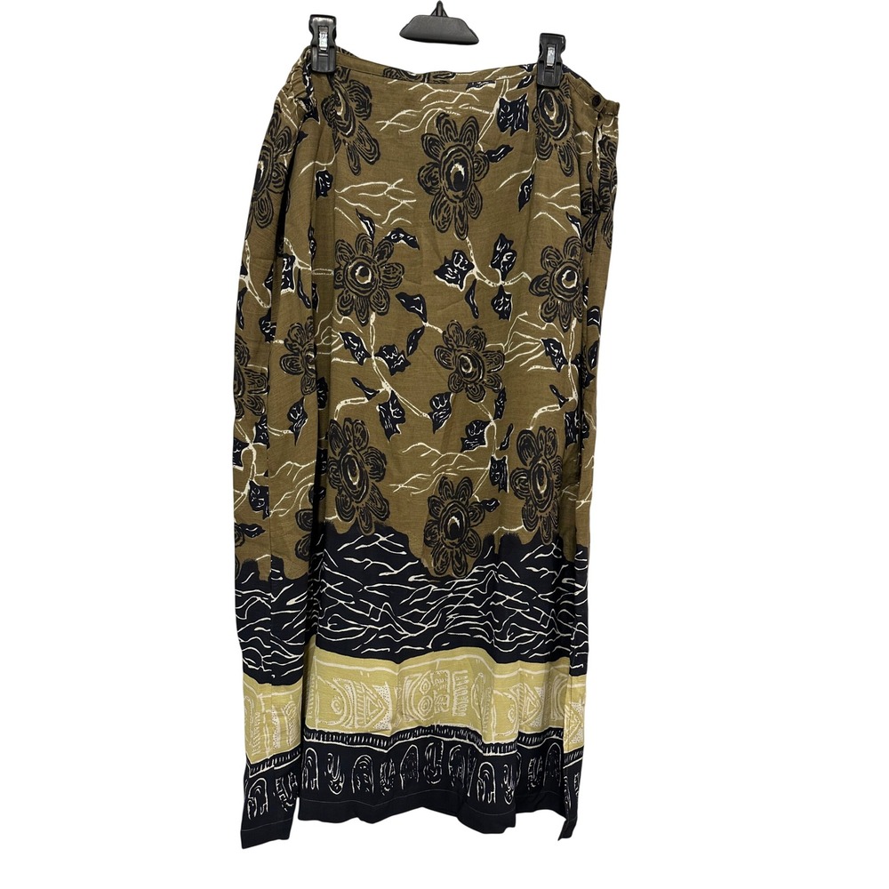 JM Collection Womens Large Olive Floral Boho Tribal Rayon Maxi Skirt Side Slit L